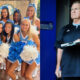 Photo of Cayden Rose with cheerleading squad and photo od Bill Belichick holding notepad