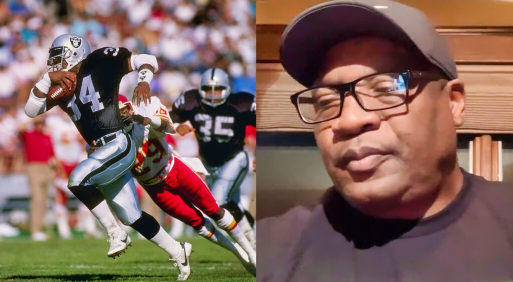 Bo Jackson running with football (left), Bo Jackson speaking on podcast (right)