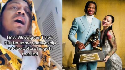 Photo of Bow Wow ranting and photo pf Travis Hunter and Leanna Lenee posing with Heisman Trophy