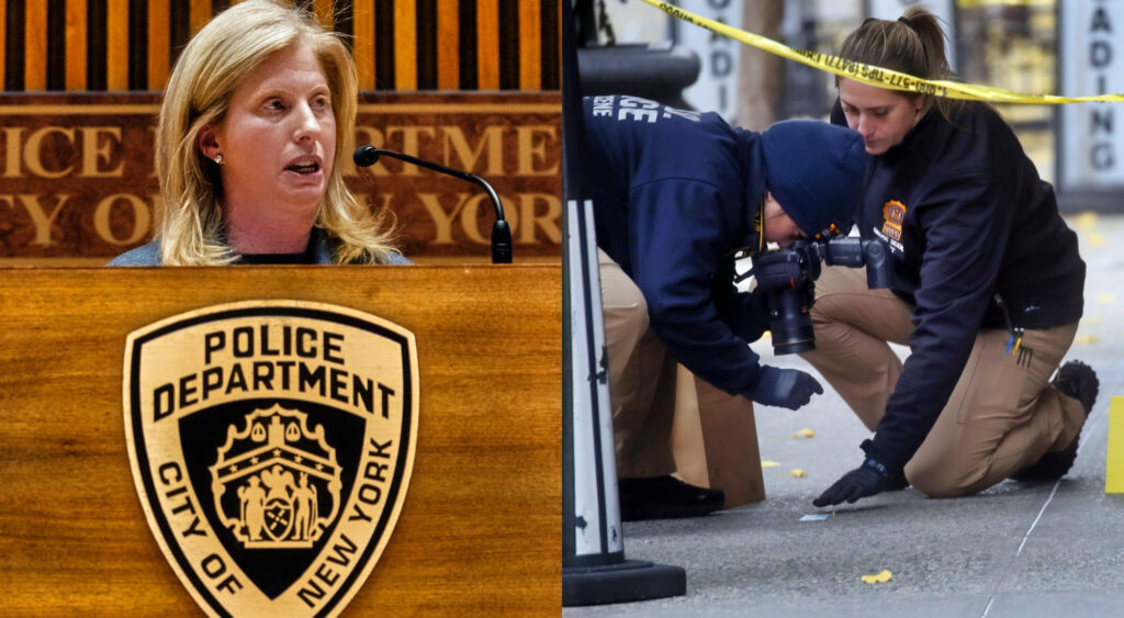 New York City Police Commissioner Jessica Tisch (left) and scene of Brian Thompson homicide