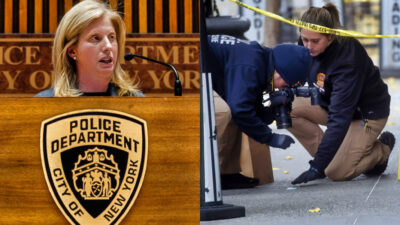 New York City Police Commissioner Jessica Tisch (left) and scene of Brian Thompson homicide