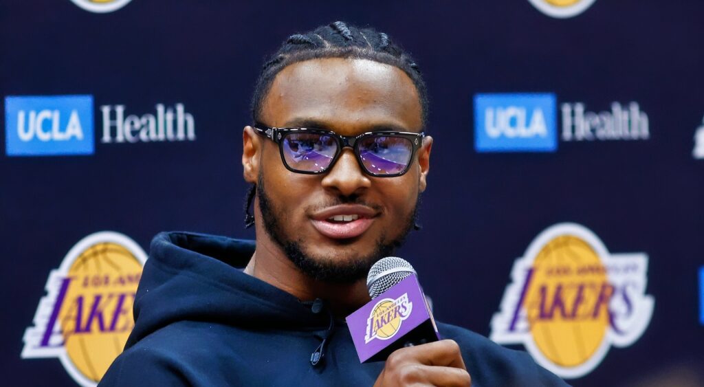 Bronny James of the Los Angeles Lakers speaks with the media during a press conference at UCLA Health Training Center on July 02, 2024