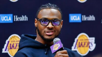 Bronny James of the Los Angeles Lakers speaks with the media during a press conference at UCLA Health Training Center on July 02, 2024