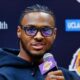 Bronny James of the Los Angeles Lakers speaks with the media during a press conference at UCLA Health Training Center on July 02, 2024