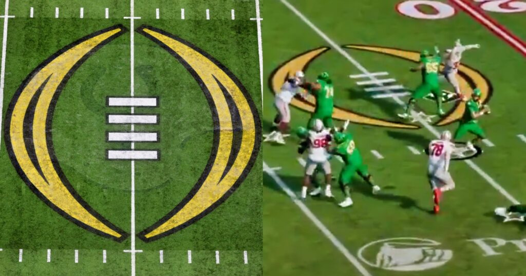 College Football Playoff logo (left) and screenshot of EA Sports video game (right).