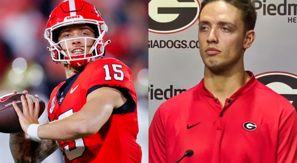 Carson Beck throwing football (left), Carson Beck speaking to reporters (right)