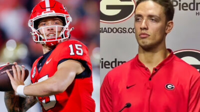 Carson Beck throwing football (left), Carson Beck speaking to reporters (right)