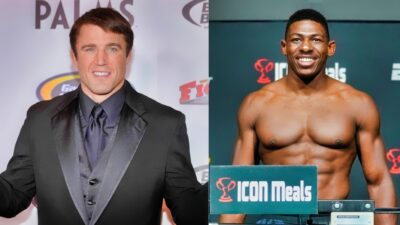 Host and mixed martial artist Chael Sonnen, and Joaquin Buckley poses on the scale during the UFC Fight Night