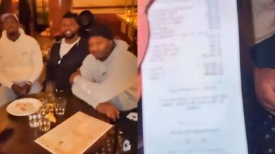 Chicago Bears players and a receipt from dinner