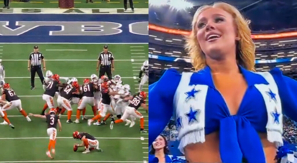 Photo of Bengals attempting extra point and photo of Dallas Cowboys Cheerleader Zoe Dale