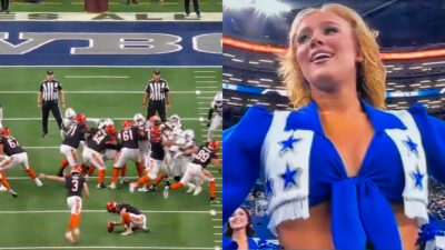 Photo of Bengals attempting extra point and photo of Dallas Cowboys Cheerleader Zoe Dale