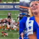 Photo of Bengals attempting extra point and photo of Dallas Cowboys Cheerleader Zoe Dale