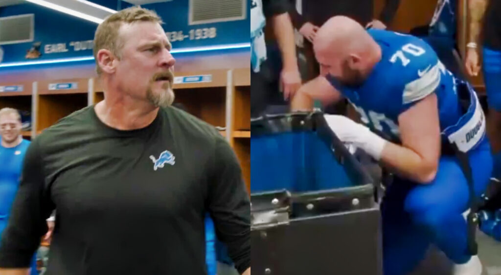 Photo of Detroit Lions HC Dan Campbell speaking and photo of Dan Skipper throwing up