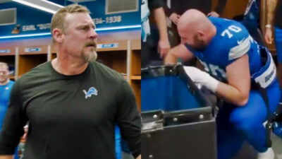 Photo of Dan Campbell speaking and photo of Dan Skipper throwing up