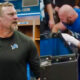 Photo of Dan Campbell speaking and photo of Dan Skipper throwing up