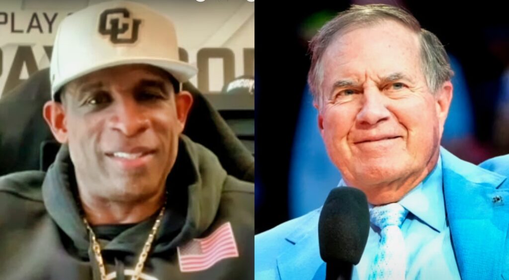 Photos of Deion Sanders and Bill Belichick smiling