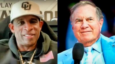 Photos of Deion Sanders and Bill Belichick smiling