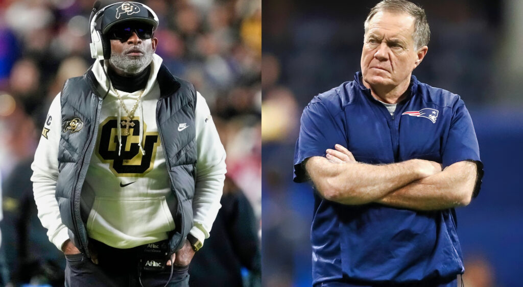 Photos of Deion Sanders in Colorado gear and Bill Belichick in Patriots gear