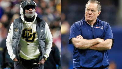 Photos of Deion Sanders in Colorado gear and Bill Belichick in Patriots gear