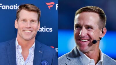 Drew Brees on broadcast and Scott Hanson smiling