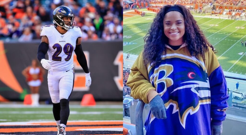 Earl Thomas in Ravens uniform and Nina Thomas in Ravens jacket