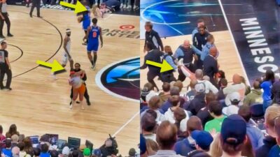 Photos of Fans running on court during Knicks-Timberwolves game