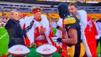 George Pickens Patrick Mahomes and Travis Kelce during postgame interview