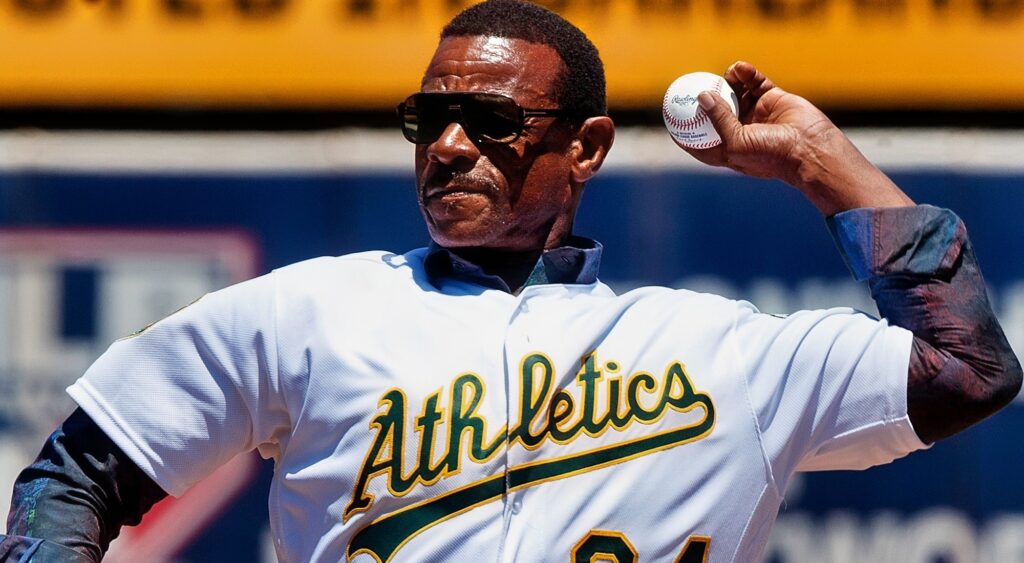 Rickey Henderson throwing first pitch before A's game