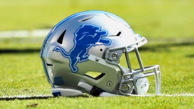 Detroit Lions helmet on ground