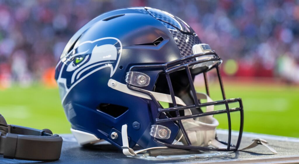 Seattle Seahawks helmet shown on field. The team released wide receiver and return man Laviska Shenault Jr.