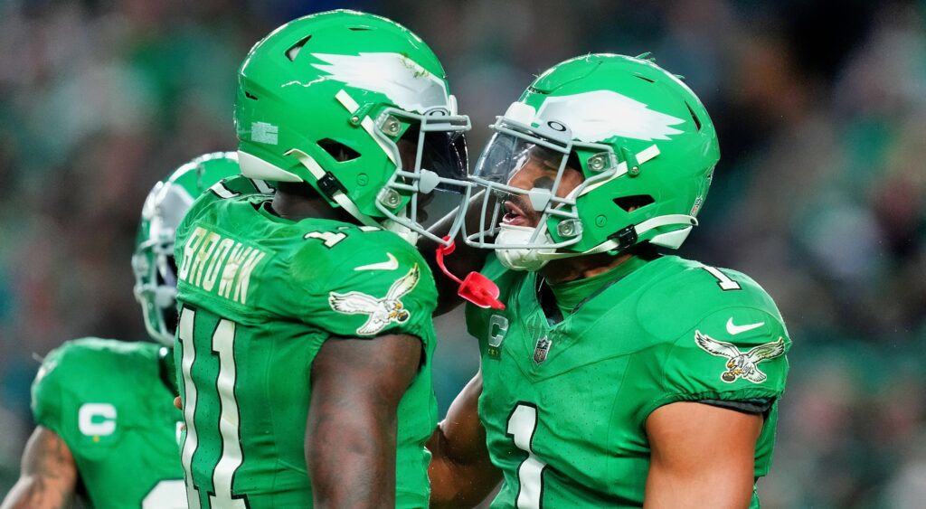 Jalen Hurts and AJ Brown in uniform