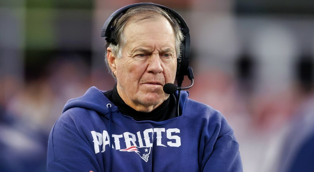 Bill Belichick on the sidelines in patriots gear