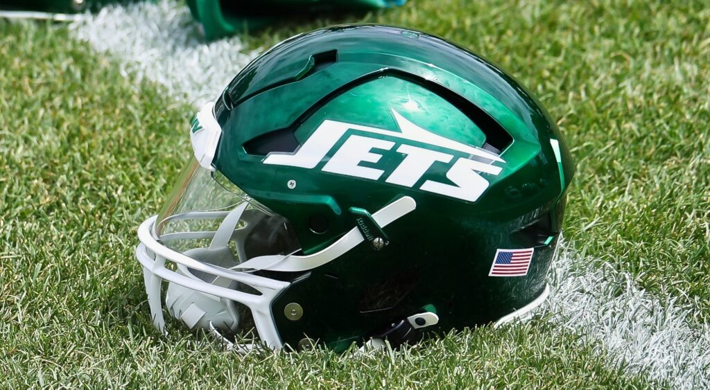 New York Jets helmet shown on field.