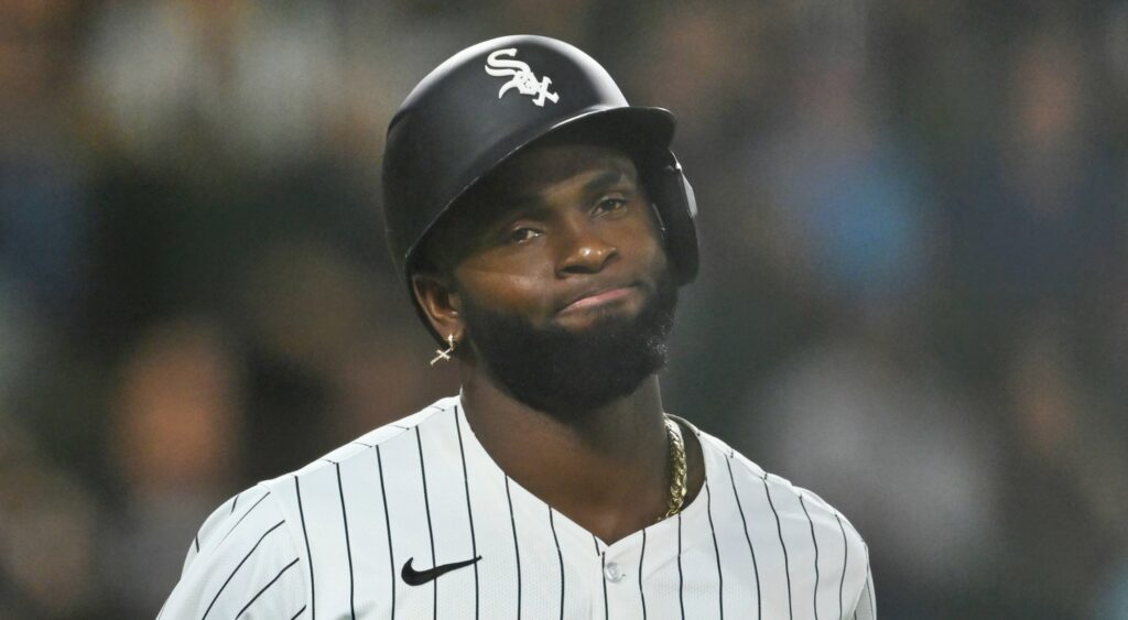 Luis Robert Jr.of Chicago White Sox looking on during game.