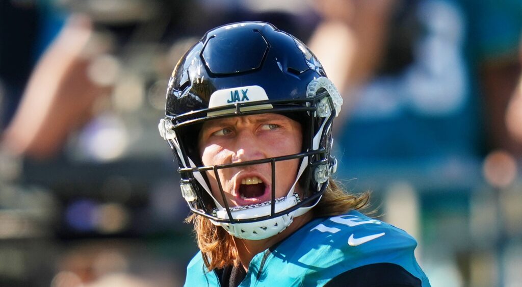 Trevor Lawrence of Jacksonville Jaguars reacts during game.