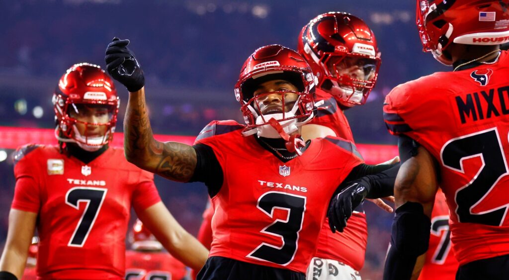 Tank Dell celebrating a play for Houston Texans. The team has claimed Diontae Johnson off waivers.