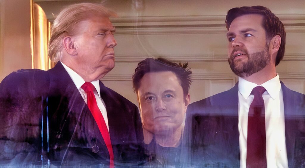 Donald Trump, JD Vance, and Elon Musk in luxury suite