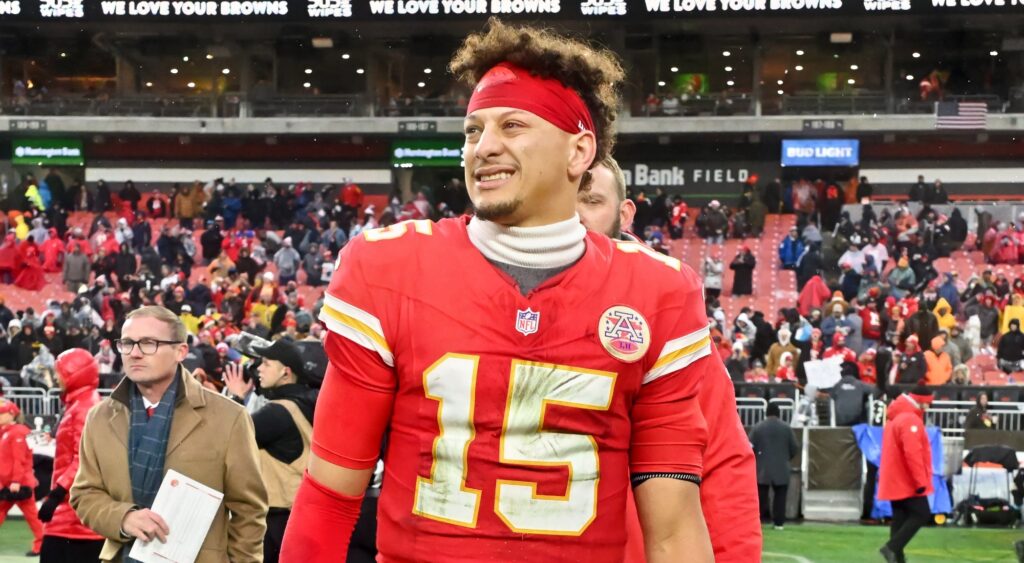 Patrick Mahomes of Kansas City Chiefs looks on after game.