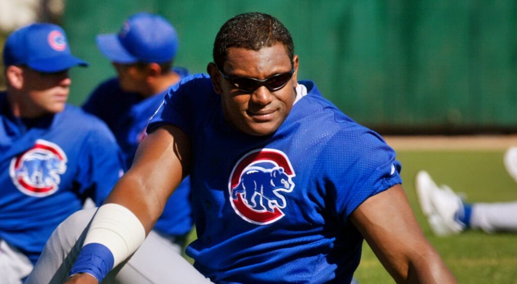 Sammy Sosa stretching before game.