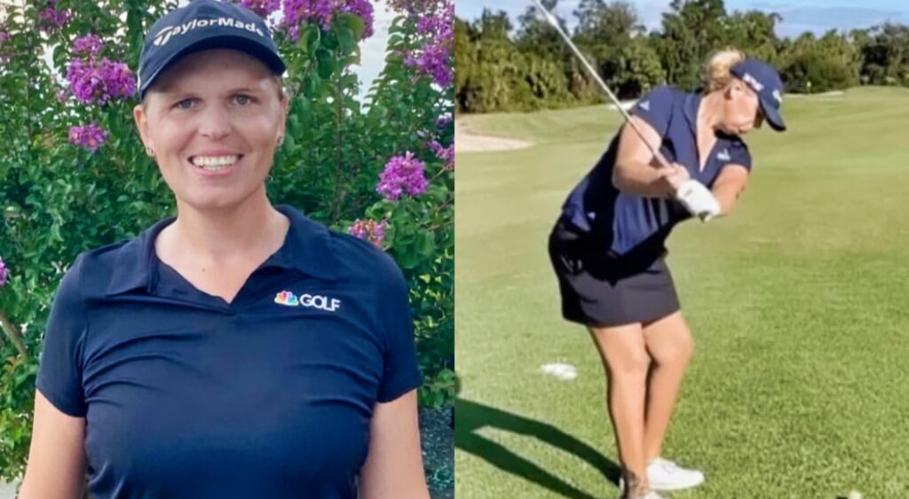 Hailey Davidson smiling and hitting golf ball