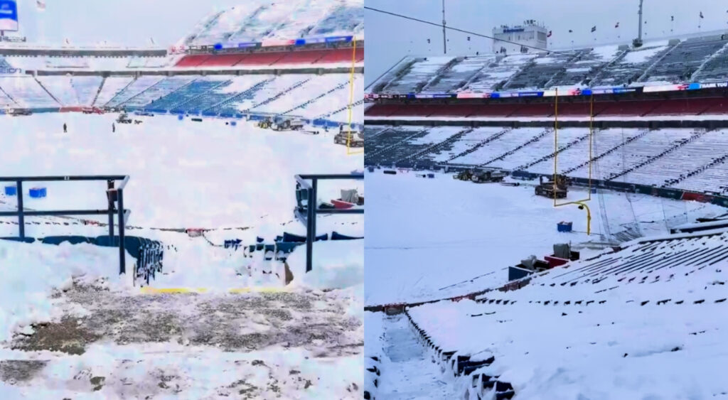 Photos showing snow-covered Buffalo Bills' Highmark Stadium