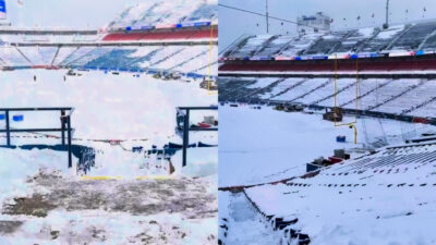 Photos showing snow-covered Buffalo Bills' Highmark Stadium