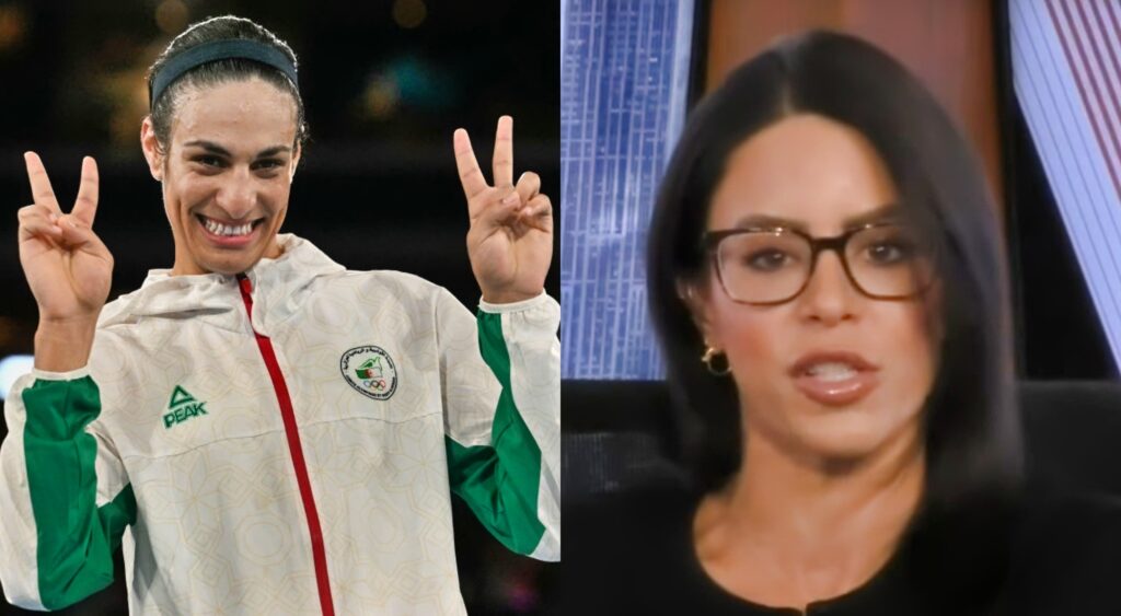 Imane Khelif holding up peace signs and Charly Arnolt on video