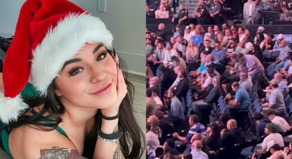 ISabella Torres in a santa hat and photo of the crowd at UFC.