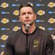 Head coach JJ Redick of the Los Angeles Lakers attends a news conference before a preseason game