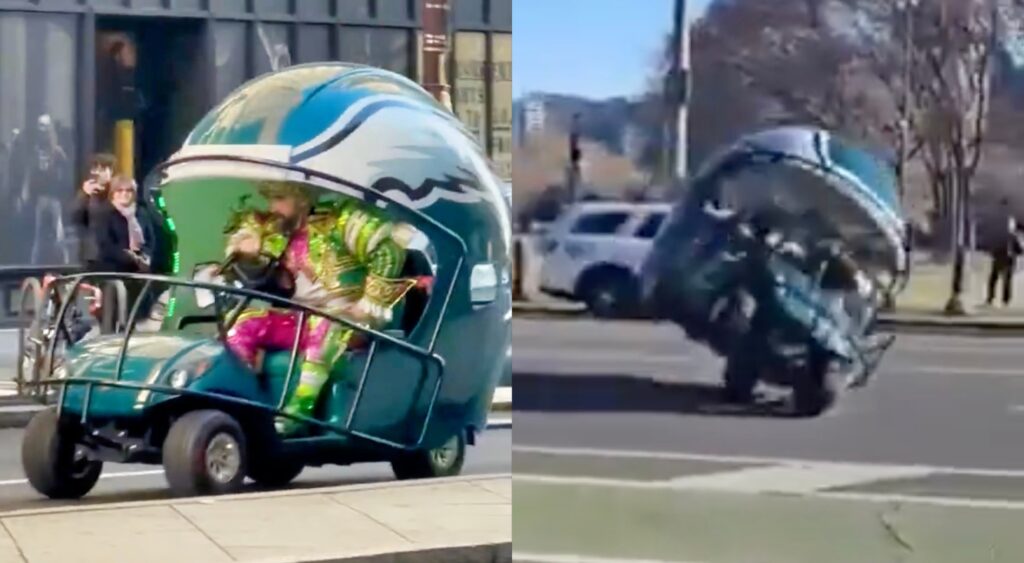 Jason Kelce riding around in an Eagles helmet golf cart.