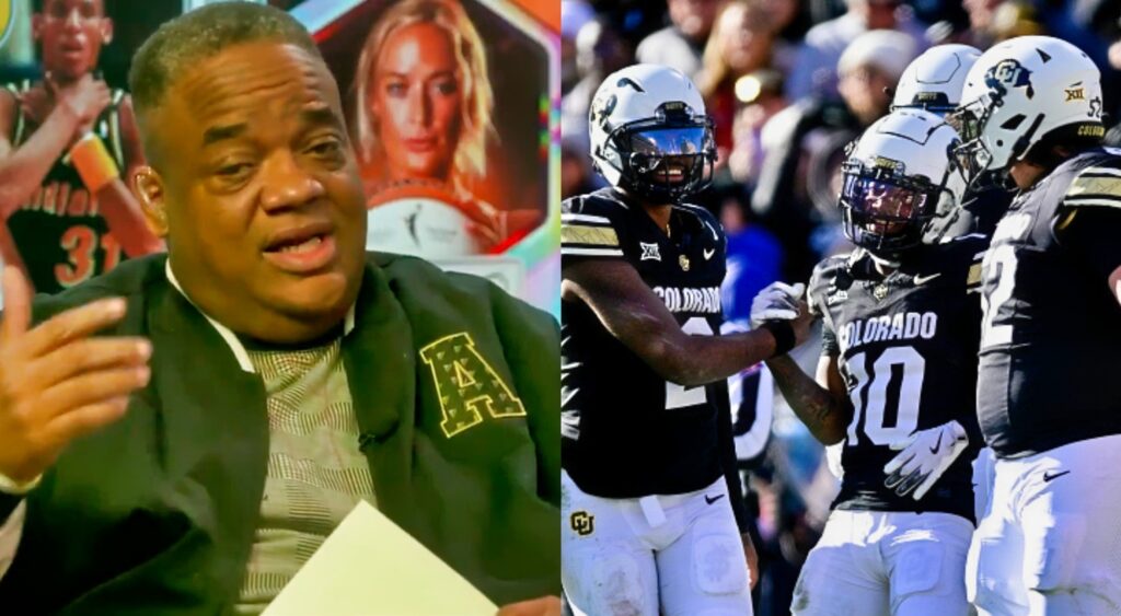 Photo of Jason Whitlock speakign and photo of Colorado players celebrating