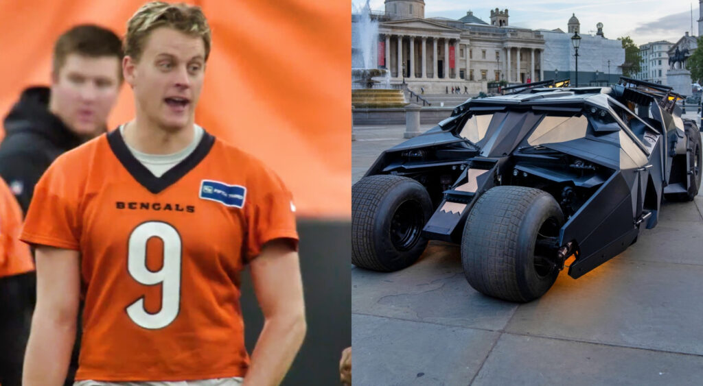 Photo of Joe Burrow speaking and photo of Dark Knight batmobile