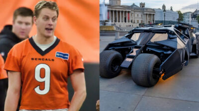 Photo of Joe Burrow speaking and photo of Dark Knight batmobile