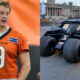 Photo of Joe Burrow speaking and photo of Dark Knight batmobile